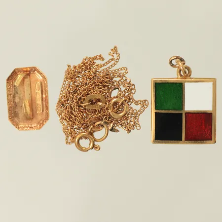 Diverse guld, kedjor, hänge, guldbitar, gravyr, defekt 18K Vikt: 7,3 g