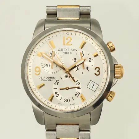 Herrur Certina DS Podium chronograph Quartz, Ø40mm, omkrets handled 17cm, slitien länk, batteri byte krävs. Skickas med paket.