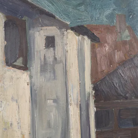 Tavla Axel Törneman, motiv föreställande stadslandskap från studietiden i Dachau, olja på pannå, signerad och daterad 1901, kanter med slitage, några genomgående hål, ej ramad. Skickas med postpaket.