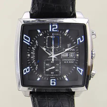 Herrur Festina stål quartz Ø43mm ref-nr 6826, kronograf mineralglas datum läderband, inga tillbehör 