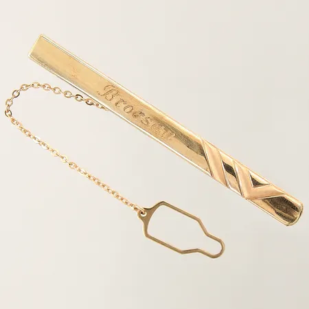 Slipsklämma 68x6mm, säkerhetskedja och klämma i oädelmetall, överdel i guld, gravyr 18K  Vikt: 6,3 g