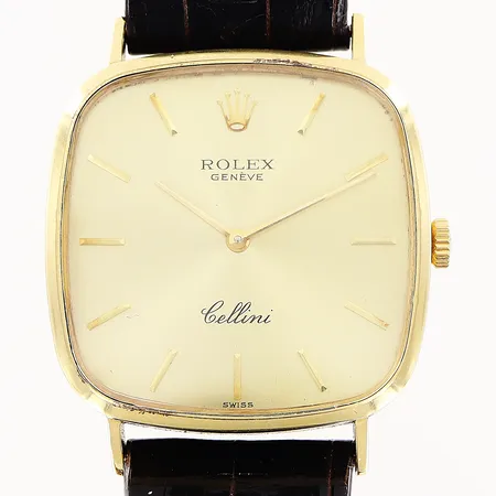 Armbandsur Rolex Cellini 18K manuell 30x30mm, ref 4110, serienr 4225333, caliber 1600, läderband 23cm, törnlås i doublé, inga tillbehör.