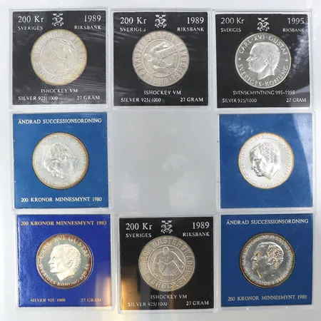 Samlarmynt 8 st 200 kronor,silver 925/1000. Vikt: 216 g