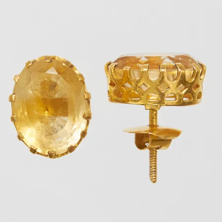 Ett par Örhängen med citriner, 22x16,5mm, gängade stift, en snurrebuss oädel metall, skevheter, 21K bruttovikt 9,6g Vikt: 9,6 g