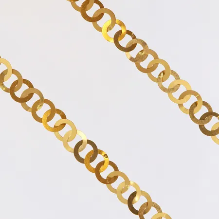 Guldbladssmycke längd ca 200cm bredd 7,8mm ojämna länkar 21K.  Vikt: 31,3 g