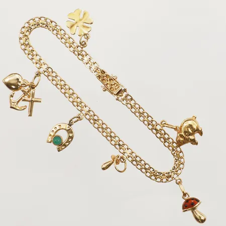 Armband X-länk med sex berlocker, längd 19cm, bredd 4,5mm, 18K  Vikt: 10,5 g