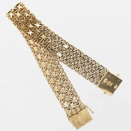 Armband X-länk med stav längd 19cm bredd 15mm, Hedens Guldsmeds Ab Bröderna, Ängelholm år 1966, 18K.  Vikt: 35,4 g