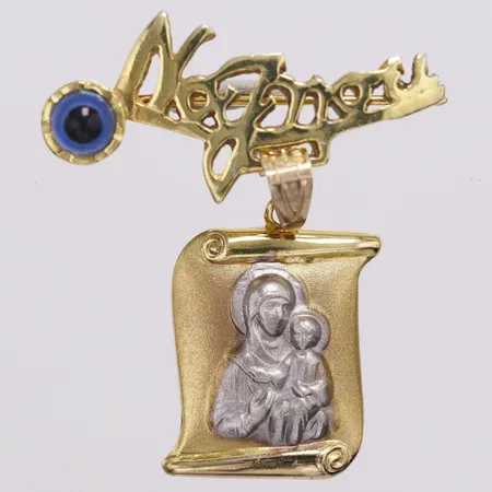 Brosch Jungfru Maria med öga och namnbricka längd 25mm bredd 12-25mm, 9K  Vikt: 1,7 g
