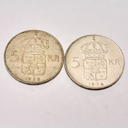 Mynt i silver, 2st, 5kronor, 400/1000, 35,96g.