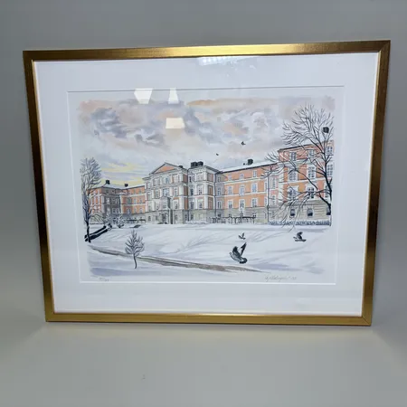 Färglitografi av akademiska sjukhuset i Uppsala "Leif Holmqvist-92", bildmått 40x30cm, rammått 53x43cm, 93/360. Skickas med postpaket.