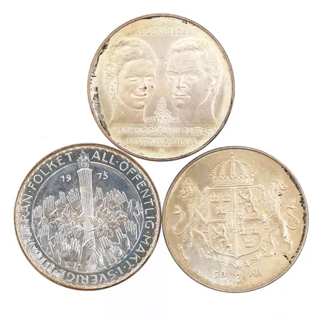 Mynt 3 st 50 kronor,vikt 80.4 gram,silver 925/1000. Vikt: 80,4 g