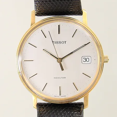 Herrur Tissot Seastar 18K quartz Ø34mm datum plexiglas läderarmband går ej gravyr, etui 