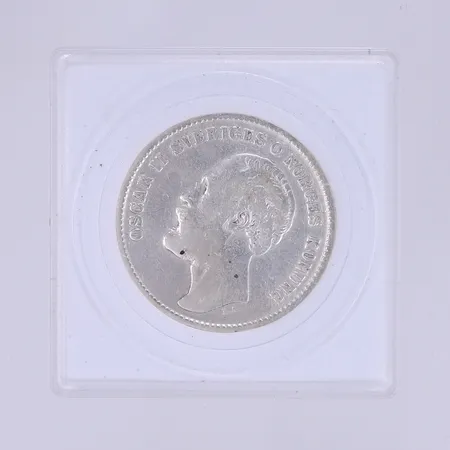 Silvermynt 2kr Oscar II Sveriges O Norges Konung, För brödrafolkens väl 1876, i etui, silver 800/1000 vikt ca 15g Vikt: 15 g