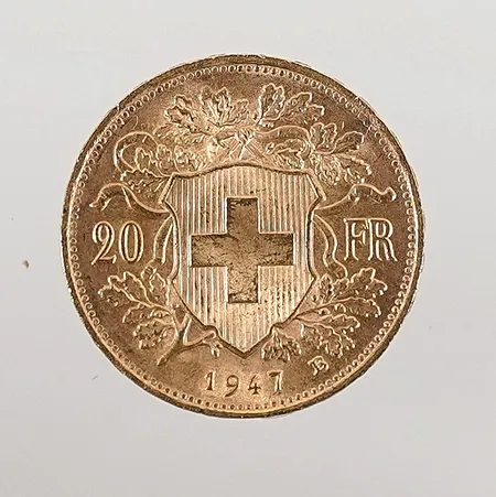Mynt 20 Franc Helvetia 1947 Ø21mm 21,6k 6,4g Vikt: 6,4 g