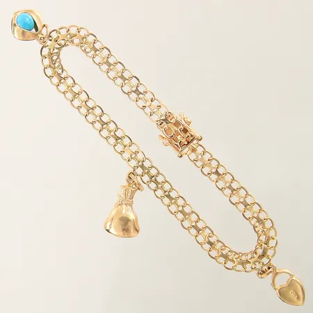 Armband X-länk med 3 berlocker längd 19cm bredd 5,5-10mm 18K  Vikt: 9,2 g