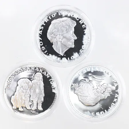 Samlarmynt 3 st Astrid Lindgren,silver 999/1000. Vikt: 81 g