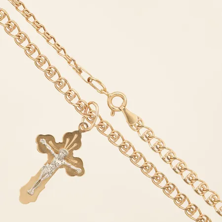 Kedja Bismarck, längd 50cm, bredd 3,6mm, hänge krucifix, längd 35mm, bredd4,7-16,6mm, tvåfärgad 14K Vikt: 5,6 g