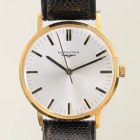 Herrur Longines 18K manuell Ø34mm serie-nr 18089119 plexiglas läderarmband personlig gravyr, inga tillbehör
