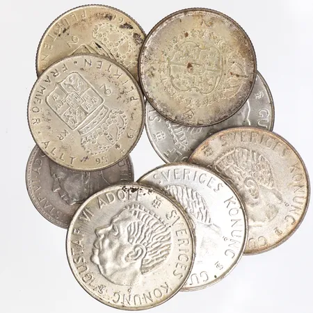 Mynt 4 st 5 kronor 1955,mynt 2 st 2 kronor 1956/61,mynt 2 krona 1944,mynt 5 krona 1972. Vikt: 0 g