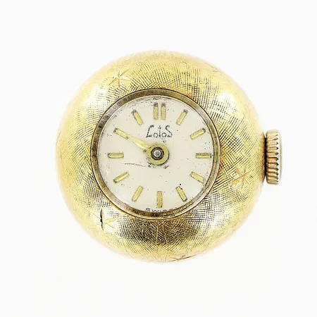 Hänge med ur Lotos, 28mm, fungerar ej, 18K, brv: 13,1gram, vikt utan urverk: 8,9gram Vikt: 13,1 g