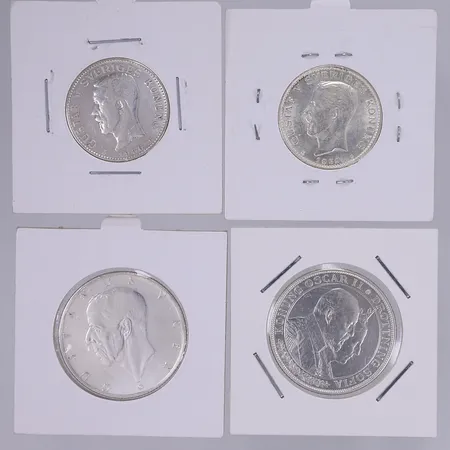 4 silvermynt olika valörer olika präglingar, i pappetuier, silver 800/1000 vikt ca 45g Vikt: 45 g