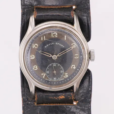 Herrur Reveu-Sport manuell Ø33mm, läderband, skadad urtavla, repor på glas