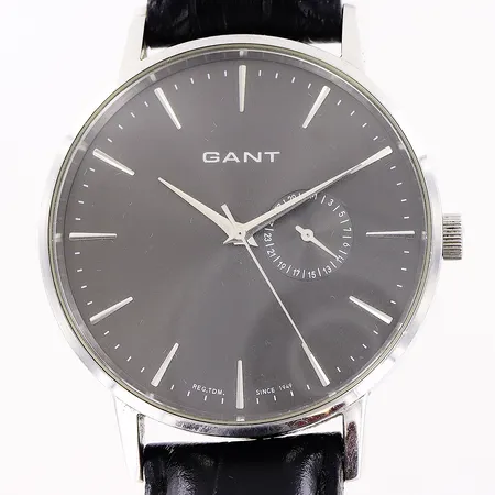 Herrur Gant stål quartz 42mm, datum, sekundvisare, läderband 25,5cm, törnlås, i behov av batteribyte, inga tillbehör.