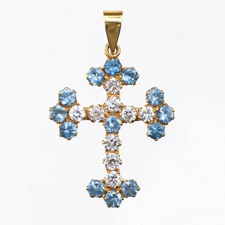 Hänge kors med vita samt blå stenar, 30x20mm, 18K, 1,5g.