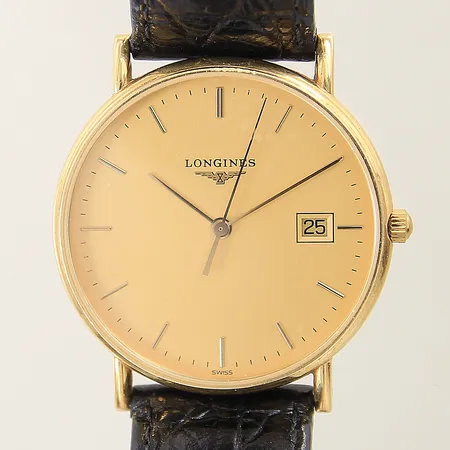 Herrur Longines 18K quartz Ø34mm datum safirglas läderarmband ej original, går ej, personlig gravyr, inga tillbehör