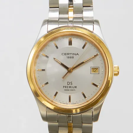 Herrur Certina DS Premium stål quartz 36mm, refnr EOL 7034/7134 44, datum, stållänk, viklås, extra länkbitar, etui, inga övriga tillbehör