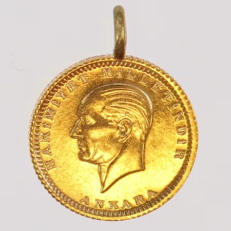 Hänge/mynt Ataturk, Ø14,5mm, 1923, med ögla i oädel metall 22K.  Vikt: 1,9 g