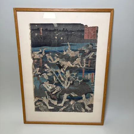 Träsnitt troligtvis Utagawa Kuniyoshi, bildmått 25x35,5cm, rammått 47x35cm, skador. Skickas med postpaket.