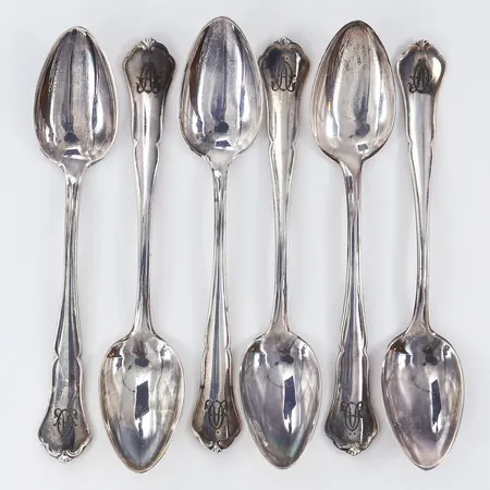 Sex skedar längd 11,5cm monogram Silver 830/1000.  Vikt: 74,6 g