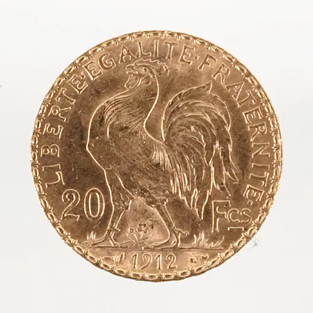 Mynt 20 Franc "Coq de Chaplain" 1912 Ø21mm 21,6k 6,4g Vikt: 6,4 g