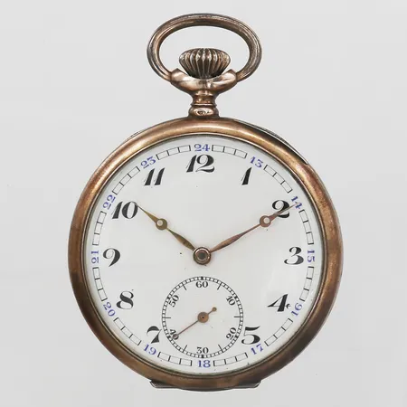 Fickur, 14K, Ø 50 mm, manuell, liten sekundvisare, innerboett i metall, i behov av service, går ej, bakboett defekt, silver. Bruttovikt: 76,6