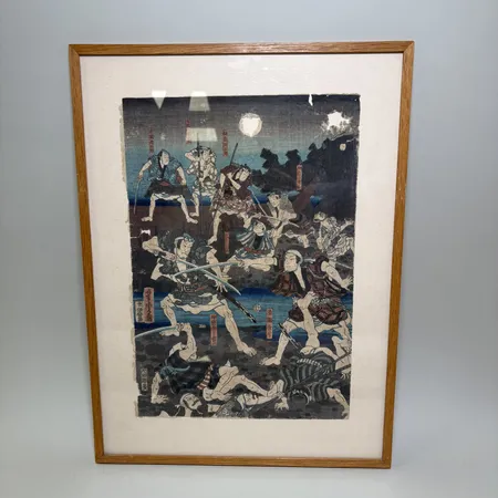 Träsnitt troligtvis Utagawa Kuniyoshi, bildmått 25x35,5cm, rammått 47x35cm, skador. Skickas med postpaket.