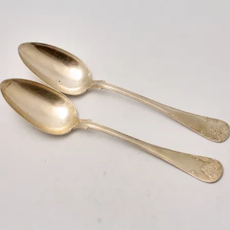 Skedar 2st, Gammal fransk, 21cm, personlig gravyr, silver 830/1000, 118,72g.