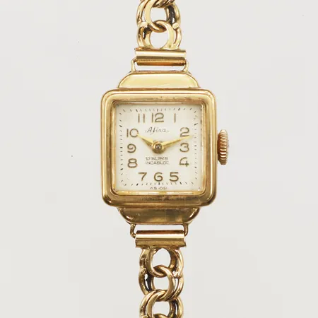 Armbandsur Alina, 18K 15x15mm, Bismarckslänk längd ca 20cm, säkerhetskedja, 18K 