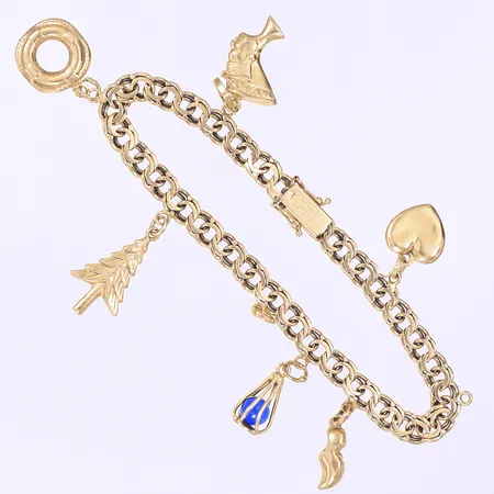 Armband Bismarck med sex berlocker 19cm, bredd 5,5mm, bruksslitage, buckliga berlocker, finns två öglor för ytterligare berlocker, svenska stämplar, 18K Vikt: 17 g