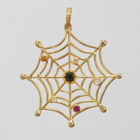 Hänge spindelnät med diamant 1 x ca 0,02ct, rubin, månsten, onyx, citrin, vit sten, längd 52mm, bredd 41mm, år 2003, Stockholm, 18K, Vikt: 9,0g Vikt: 9 g