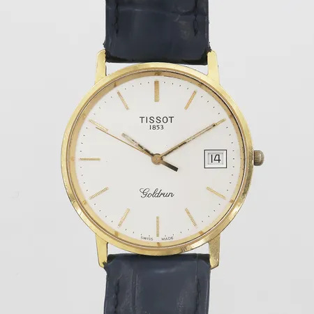 Herrur Tissot Goldrun, Ø34mm, quartz, datum, plexiglas, gravyr: "För nit och redlighet i rikets tjänst", läderband ej orginal, bruksskick, går ej, boett i guld 18K 