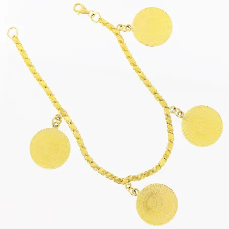 Armband med 4 berlocker längd 19,4cm, bredd 2,5-27mm, 21K Vikt: 12,4 g