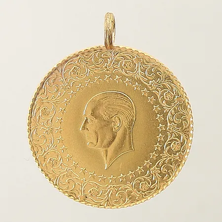 Hänge/mynt Atatürk år 2018 Ø29mm, ögla ej i guld 21,6K Vikt: 7,2 g