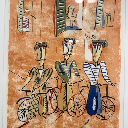 Tavla Madeleine Pyk färglitografi Cyklister signerad, numrerad 213/360, ram 48x40, träram, skadad ram  Skickas med postpaket.