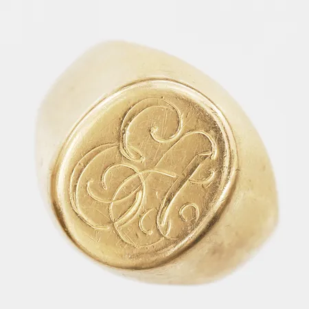 Klackring med monogramgravyr stl:15, bredd 5-14mm, gravyr, repor, 18K Vikt: 7 g