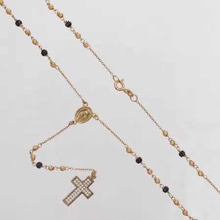 Collier med kors med Jungfru Maria och färgade stenar längd 54,5cm bredd 1-12mm, 18K Vikt: 7,4 g
