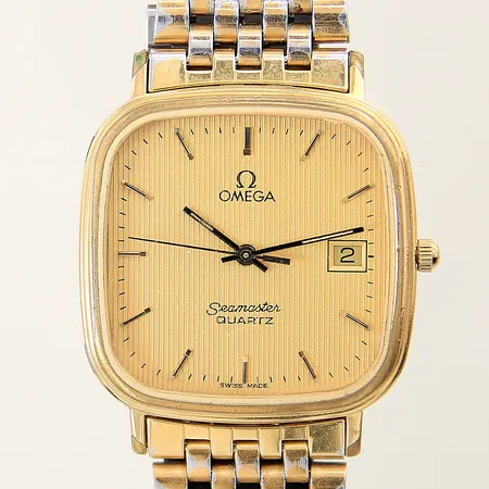 Herrur Omega Seamaster stål quartz Ø31mm Cal.1430 datum originallänk i stål/doublé, datum, sliten länk med färgbortfall, behov av batteribyte, länkdel av, inga tillbehör