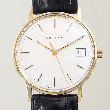 Herrur Certina 14K quartz Ø34mm datum ref-nr115.9299.65 plexiglas läderarmband ej original behov av batteribyte, personlig gravyr, inga tillbehör