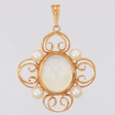 Hänge Guldvaruhuset år 1957 odlade saltvattenpärlor & troligen månsten 35mm, 18K Vikt: 3,5 g
