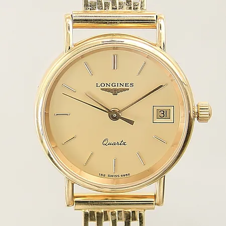 Damur Longines 18K Ø25mm, quartz, boett-nr: 26020451, safirglas, datum, länk i 18K, gravyr, behov av batteri byte 18K 